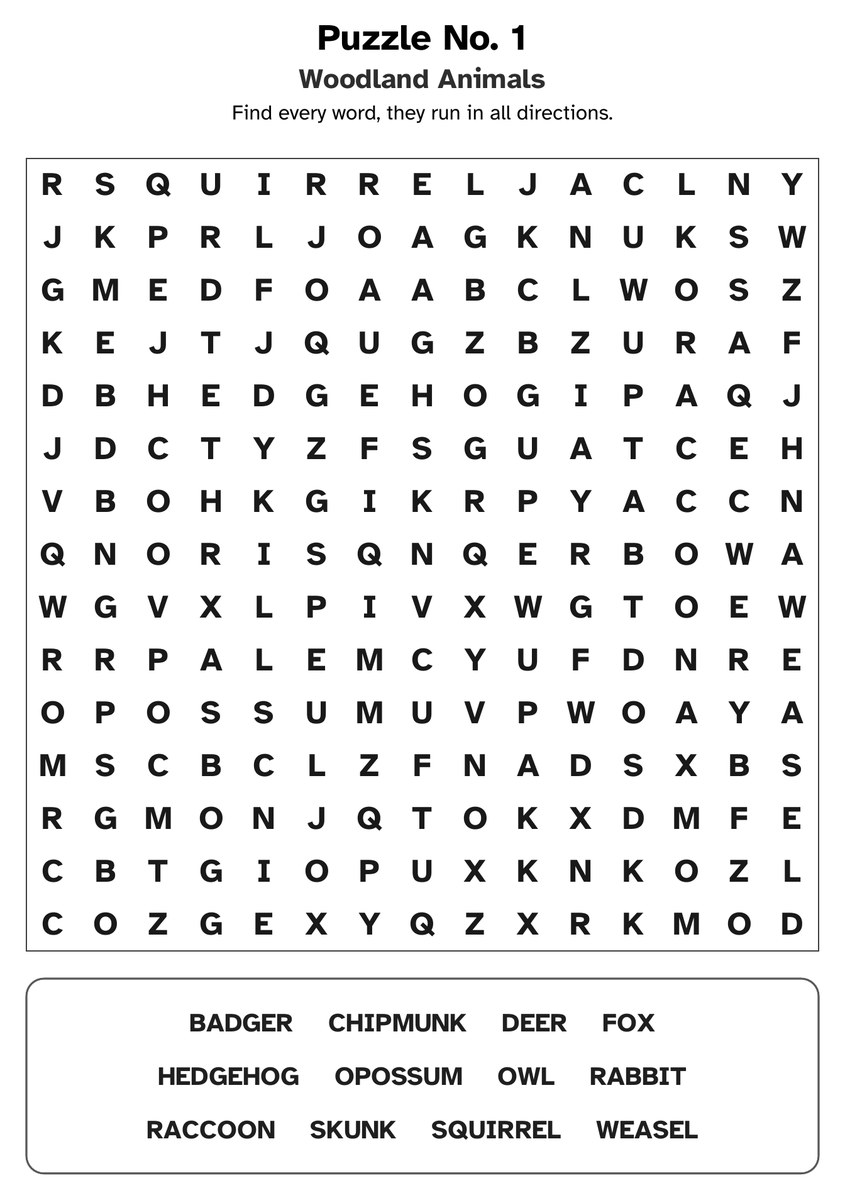 A full large print word search page with grid and word list.